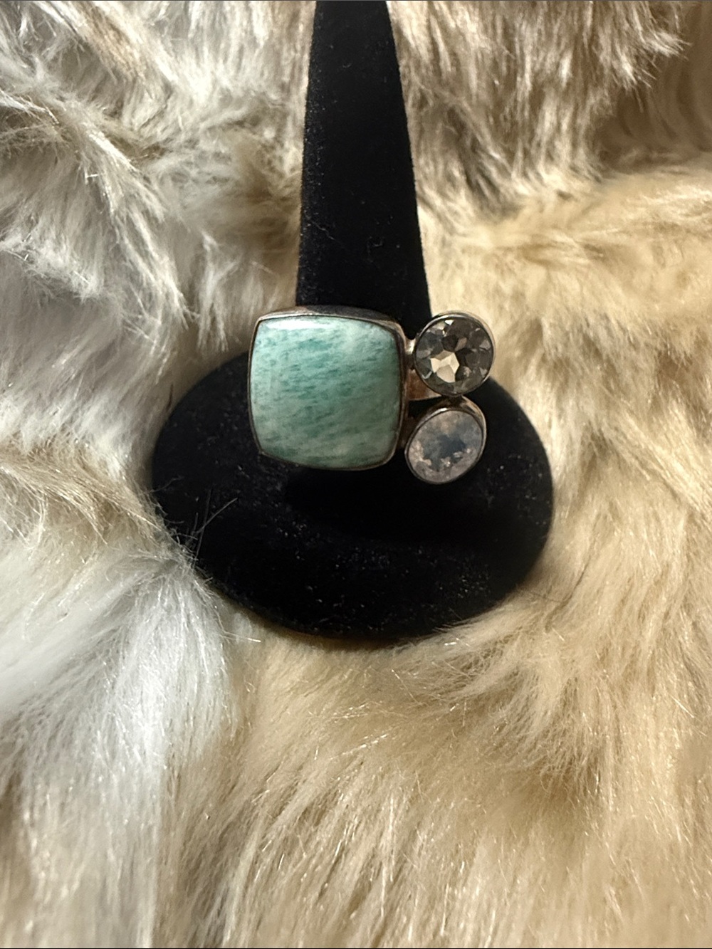 Sterling Silver Green Amazonite and Crystal Cluster Ring Adjustable Ring